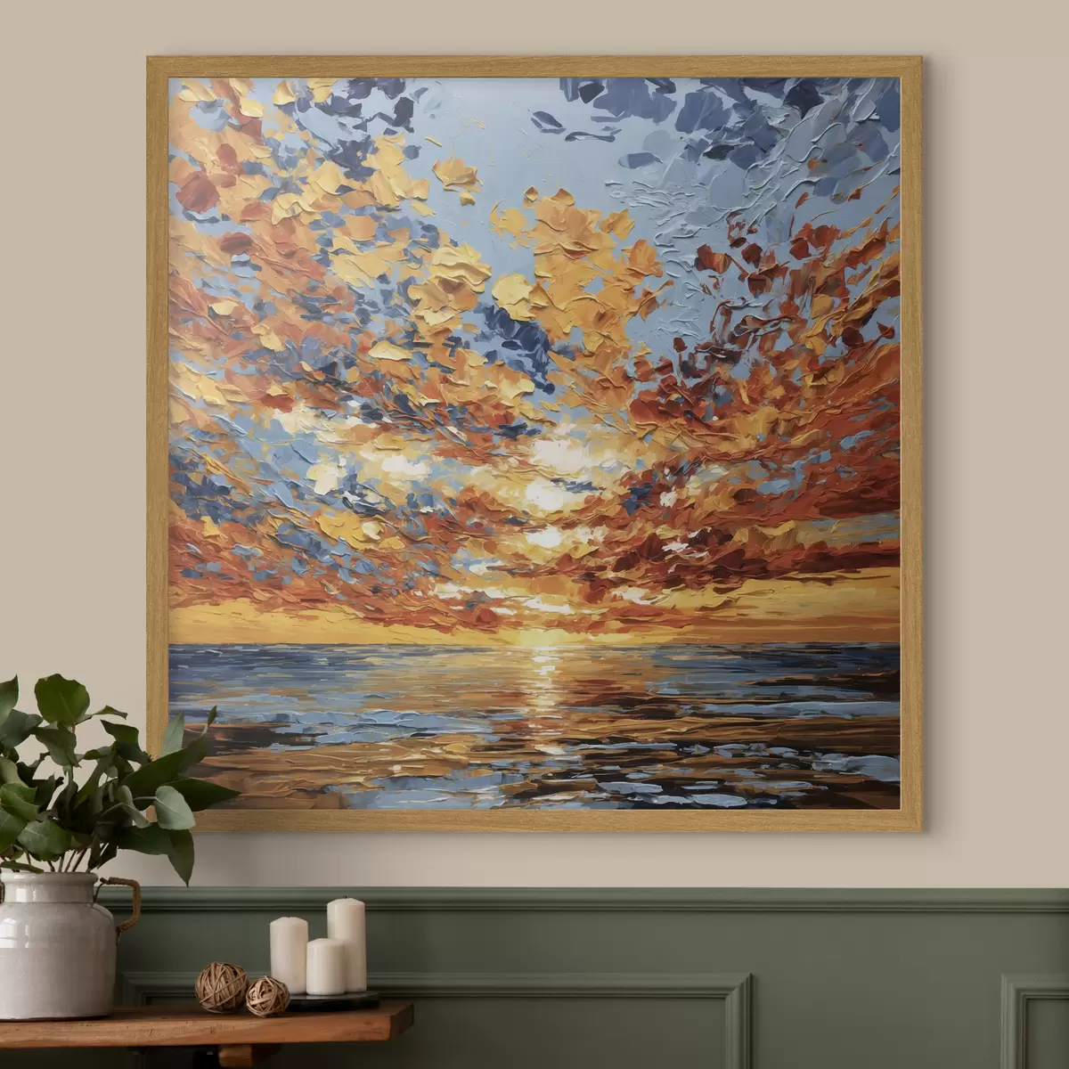 Poster Dramatischer Sonnenuntergang über dem Meer im Impasto-Stil f48810