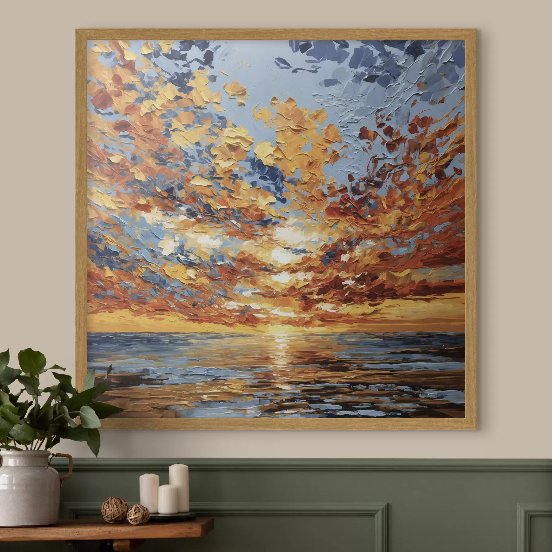 Fototapete Dramatischer Sonnenuntergang über dem Meer im Impasto-Stil f48810