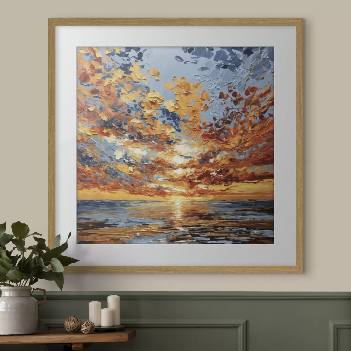 Poster Dramatischer Sonnenuntergang über dem Meer im Impasto-Stil f48810