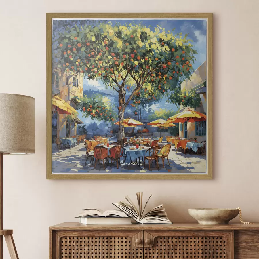 Fototapete Impressionistischer Café-Innenhof mit Baum und Sonnenschirmen f48811