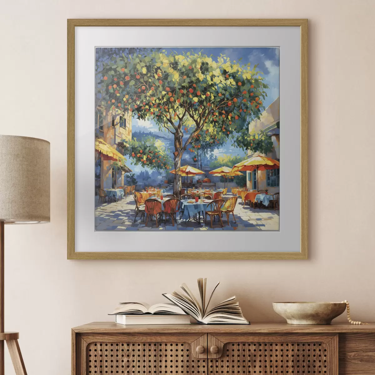 Poster Impressionistischer Café-Innenhof mit Baum und Sonnenschirmen f48811