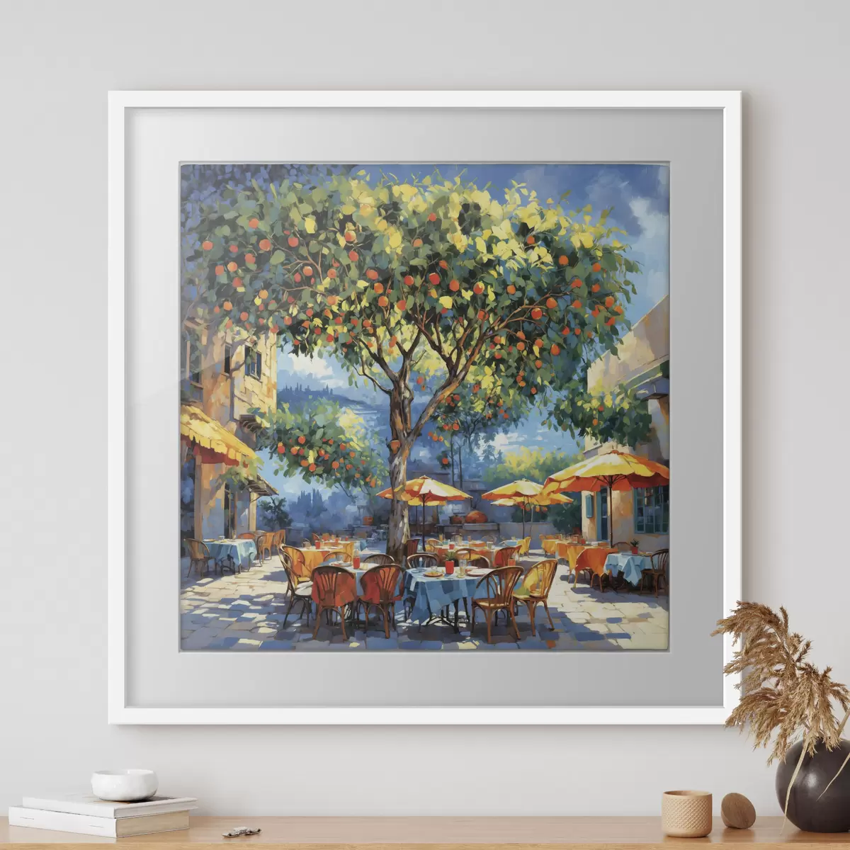 Poster Impressionistischer Café-Innenhof mit Baum und Sonnenschirmen f48811