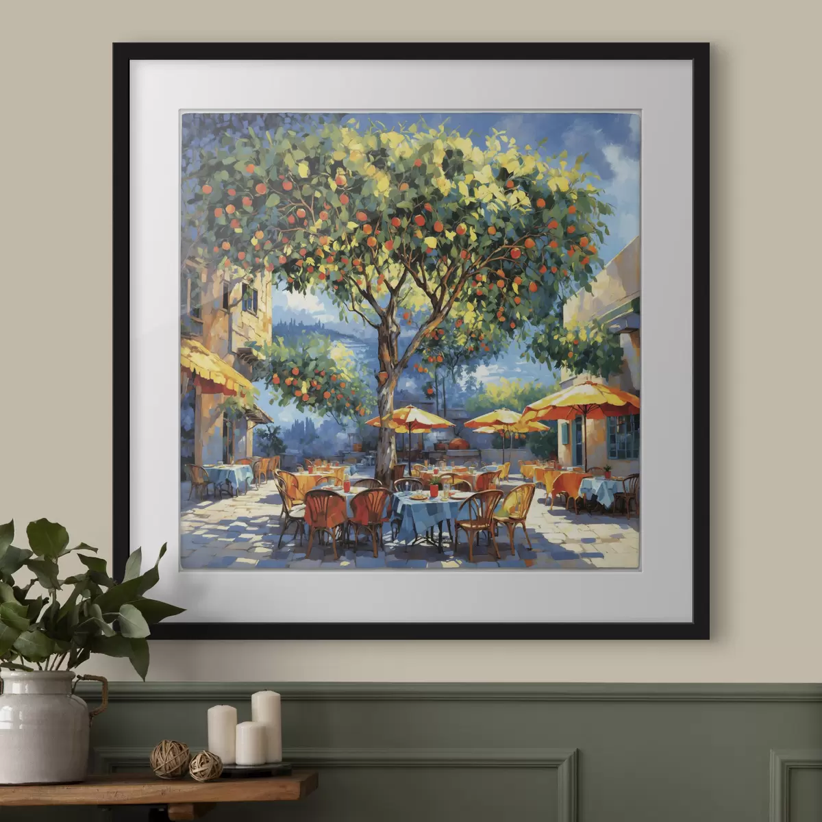 Poster Impressionistischer Café-Innenhof mit Baum und Sonnenschirmen f48811