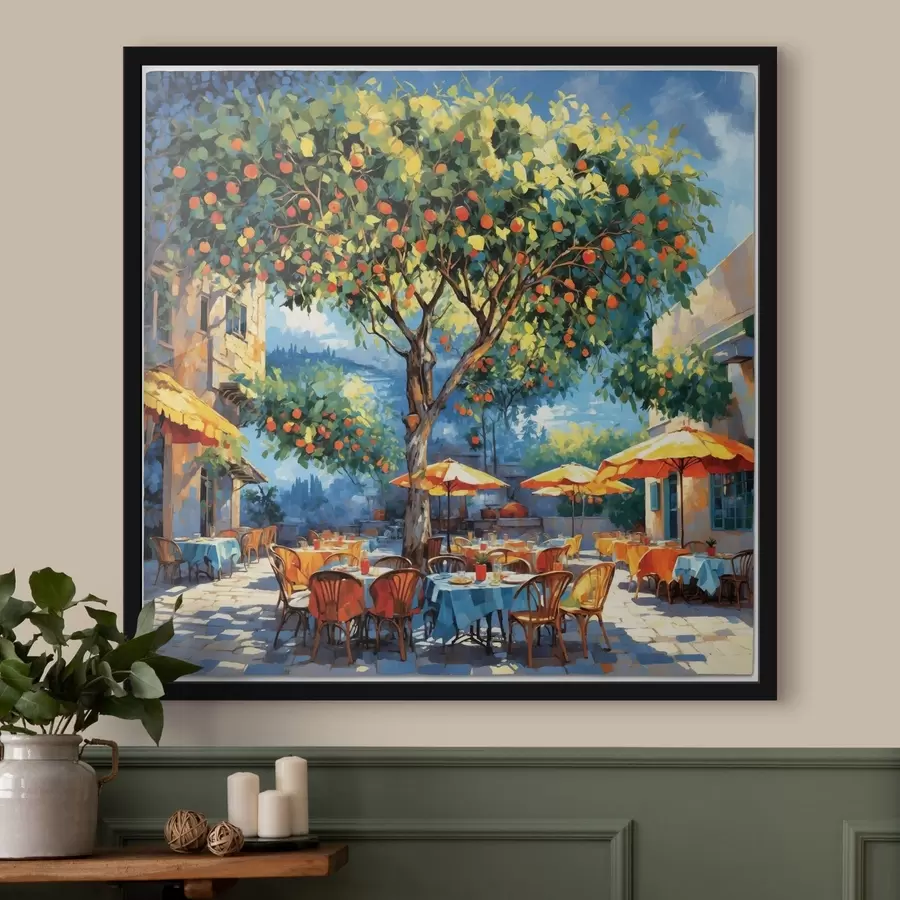 Fototapete Impressionistischer Café-Innenhof mit Baum und Sonnenschirmen f48811