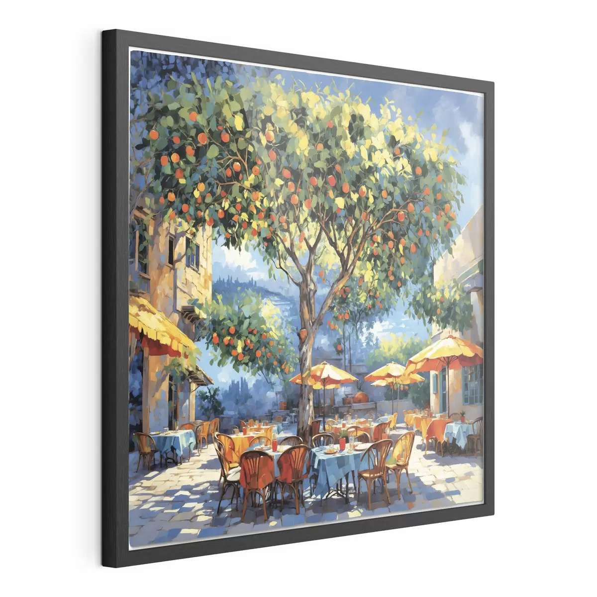 Poster Impressionistischer Café-Innenhof mit Baum und Sonnenschirmen f48811