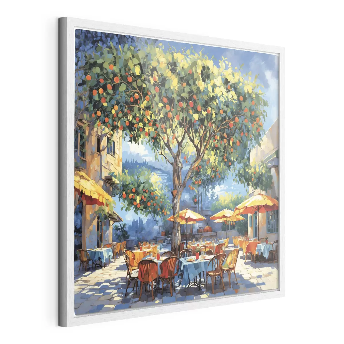 Poster Impressionistischer Café-Innenhof mit Baum und Sonnenschirmen f48811