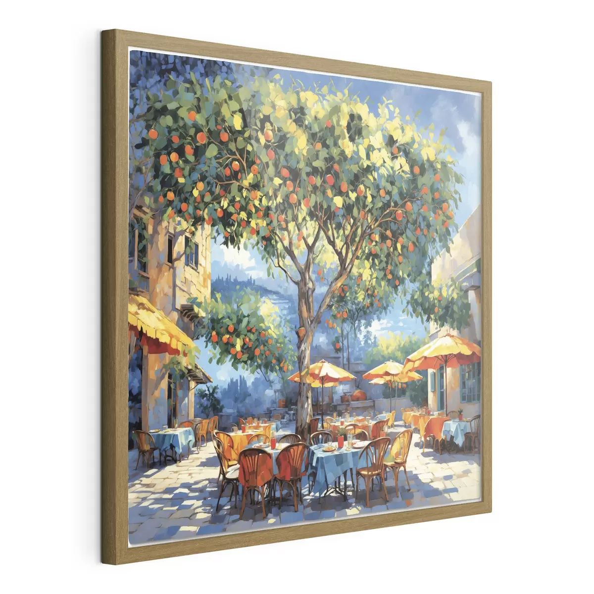 Poster Impressionistischer Café-Innenhof mit Baum und Sonnenschirmen f48811
