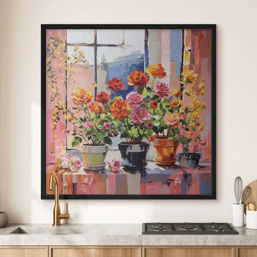 Fototapete Impressionistische Topfblumen auf einer Fensterbank f48816