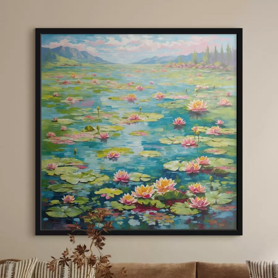Fototapete Impressionismus: Seerosenteich mit Bergen im Hintergrund f48820