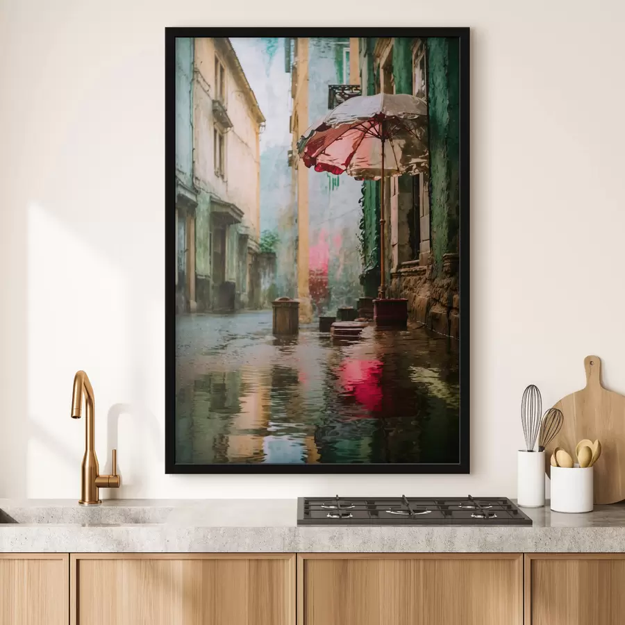 Fototapete Realistische Darstellung einer regnerischen Straße mit Regenschirm und Spiegelungen f48829