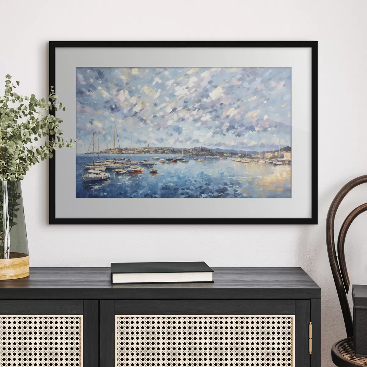 Poster Impressionistischer Hafen mit Booten und Stadt f48831