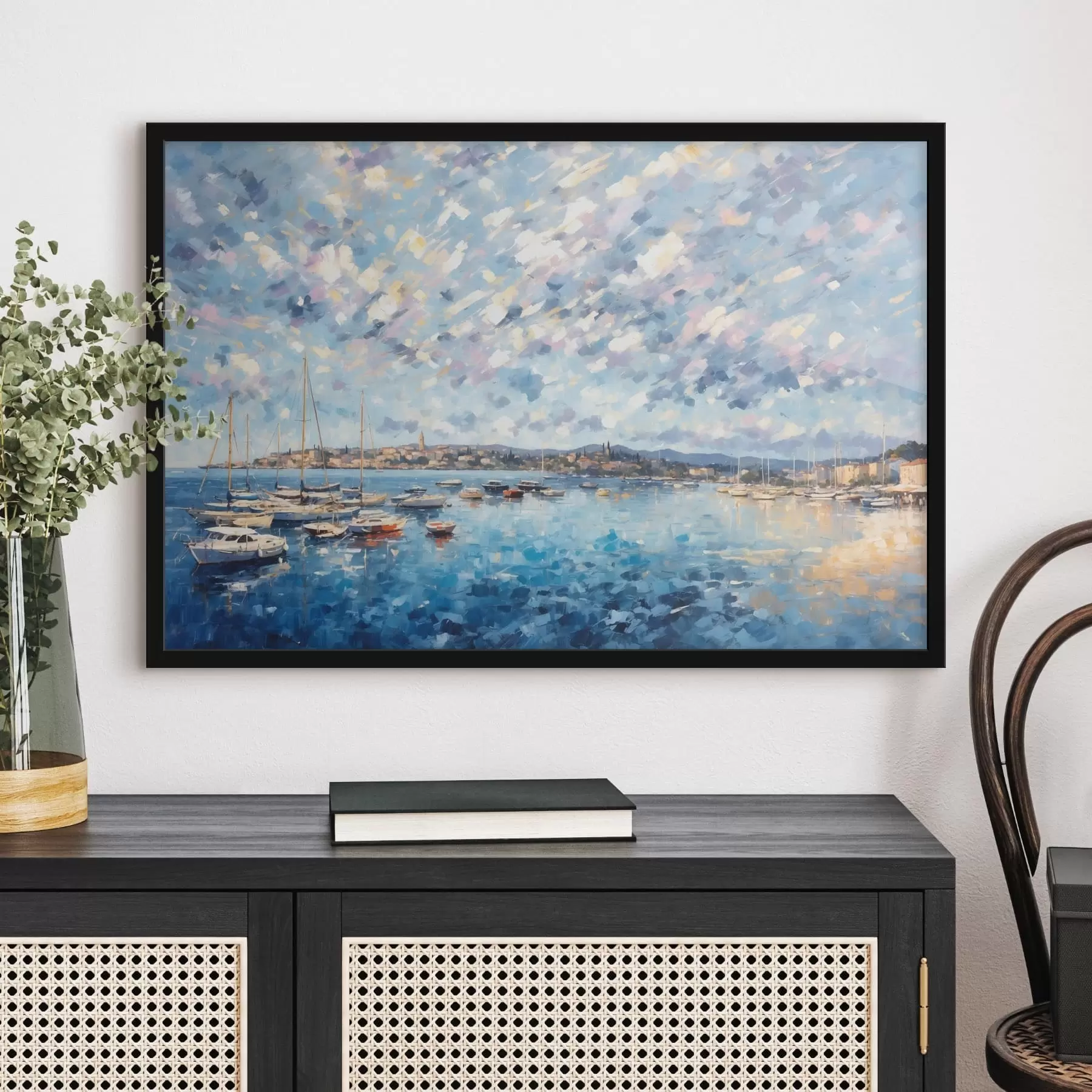 Fototapete Impressionistischer Hafen mit Booten und Stadt f48831