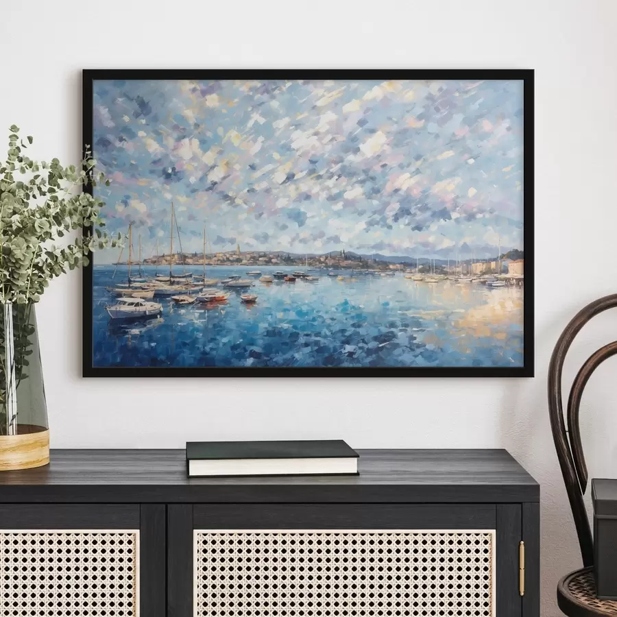 Fototapete Impressionistischer Hafen mit Booten und Stadt f48831
