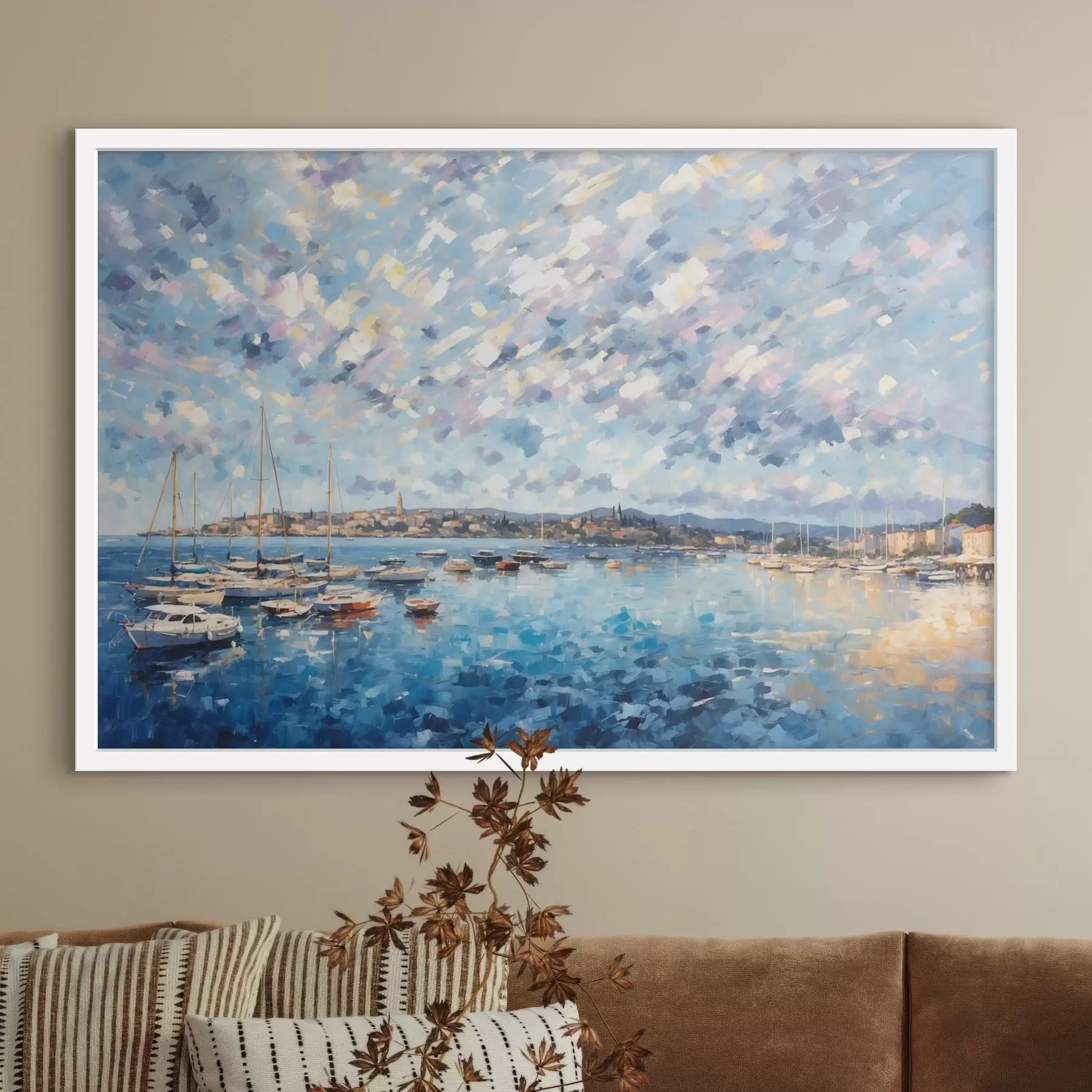 Fototapete Impressionistischer Hafen mit Booten und Stadt f48831