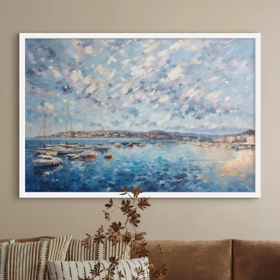 Fototapete Impressionistischer Hafen mit Booten und Stadt f48831