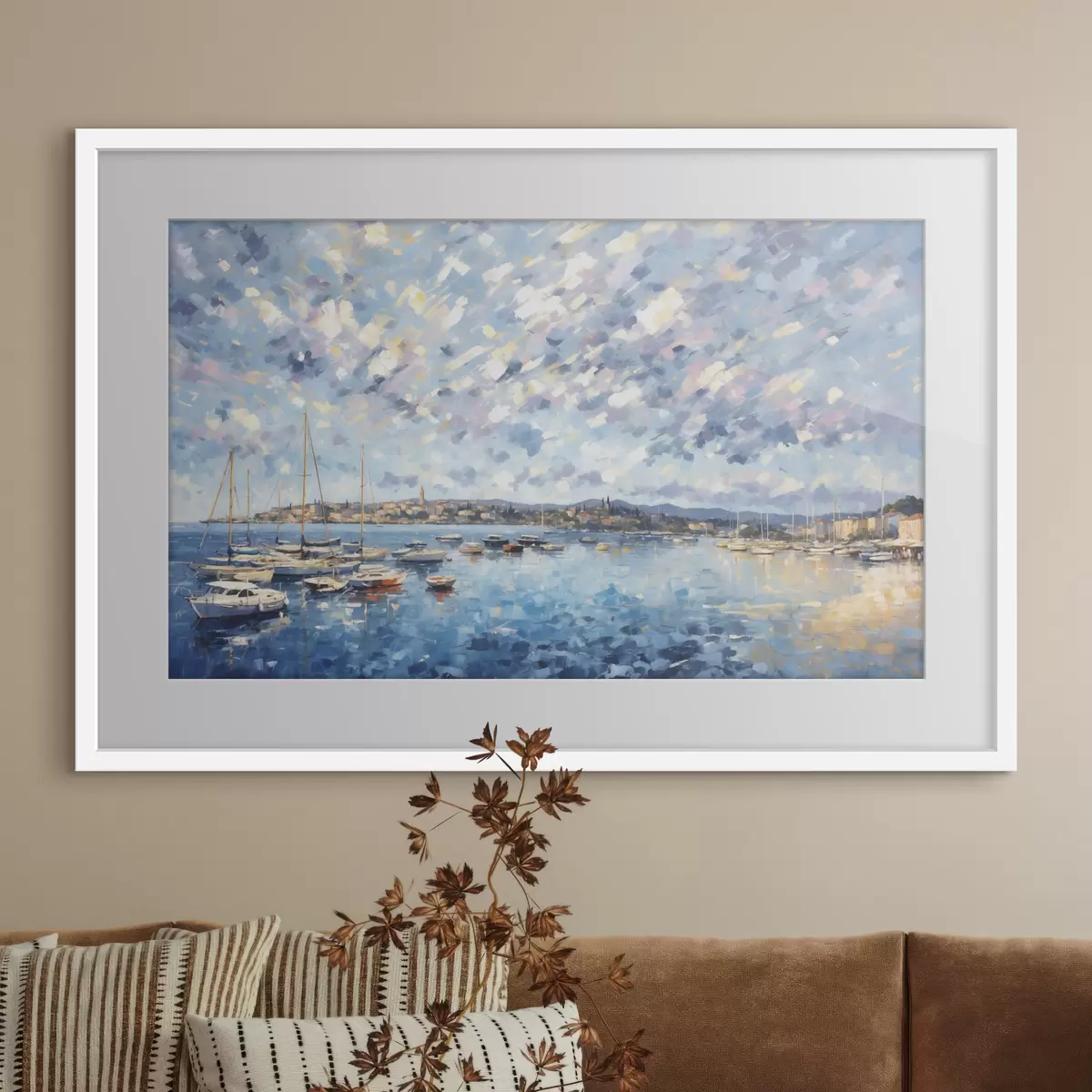 Poster Impressionistischer Hafen mit Booten und Stadt f48831