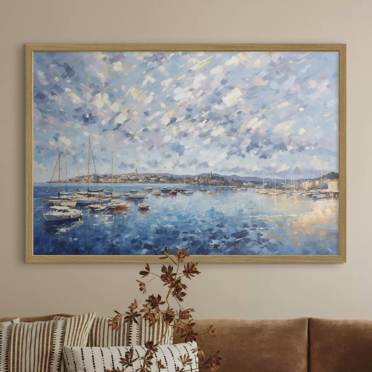 Poster Impressionistischer Hafen mit Booten und Stadt f48831