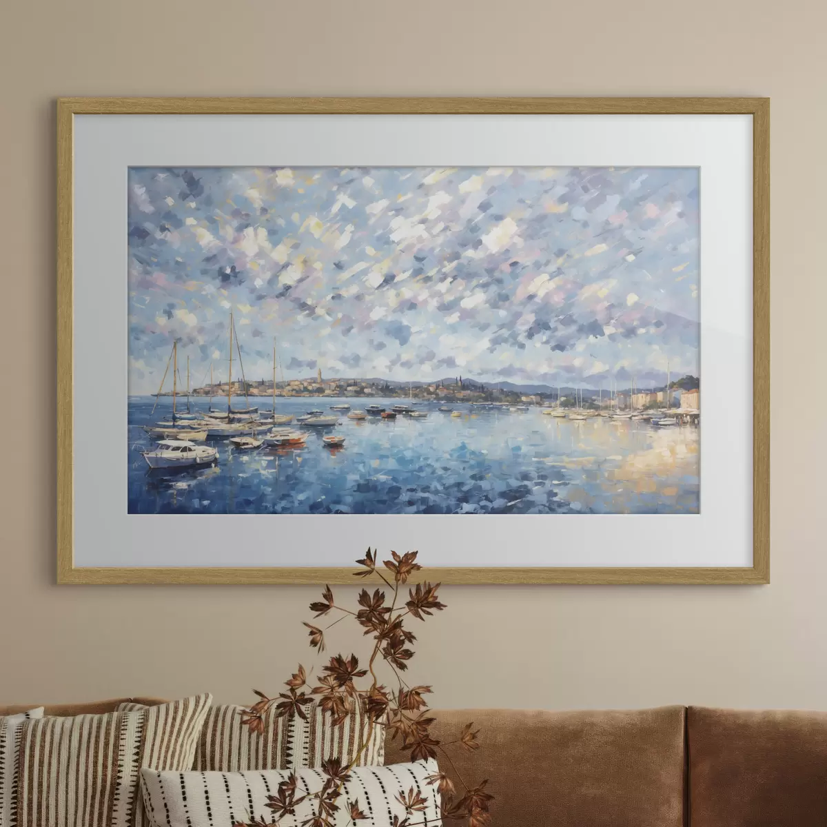 Poster Impressionistischer Hafen mit Booten und Stadt f48831