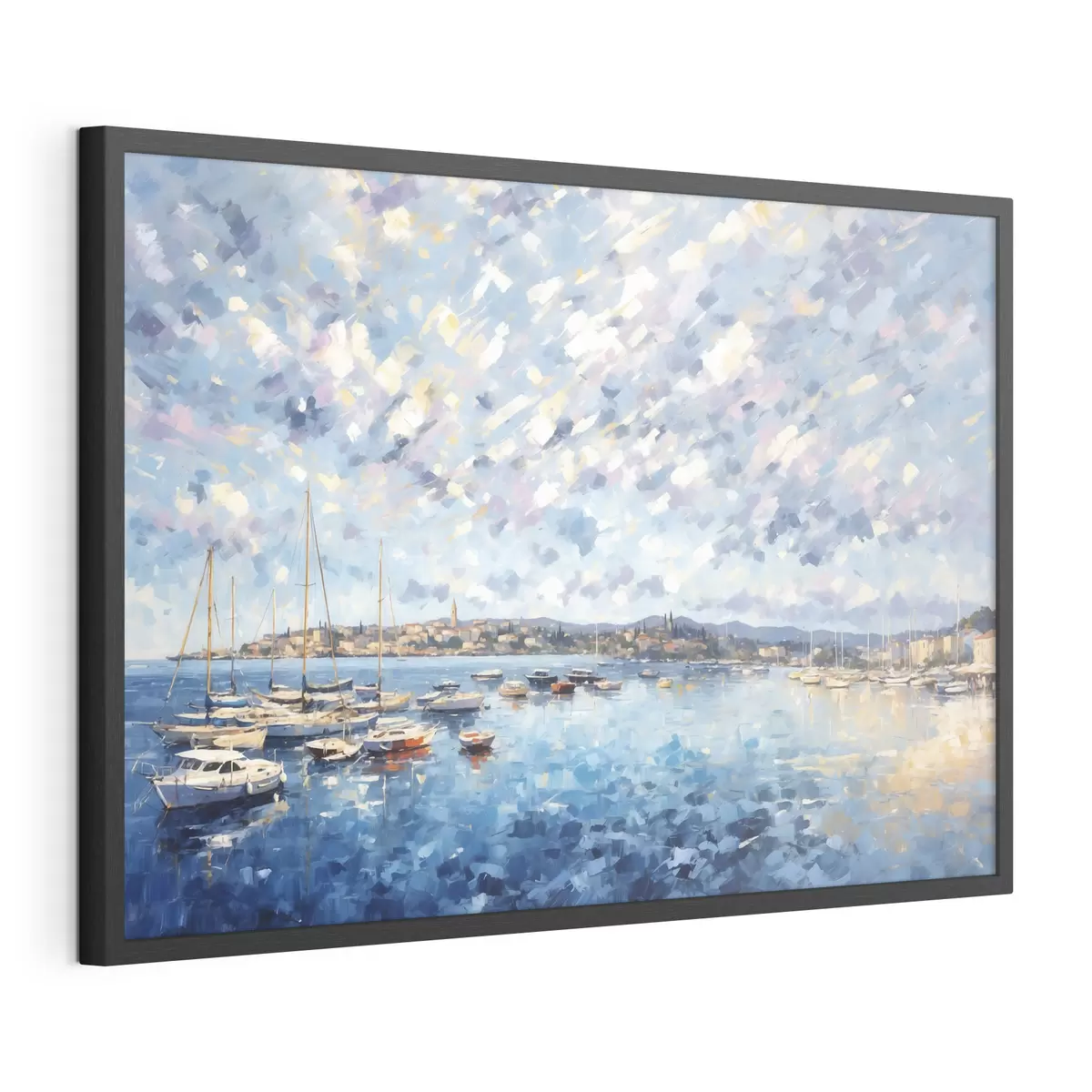 Poster Impressionistischer Hafen mit Booten und Stadt f48831