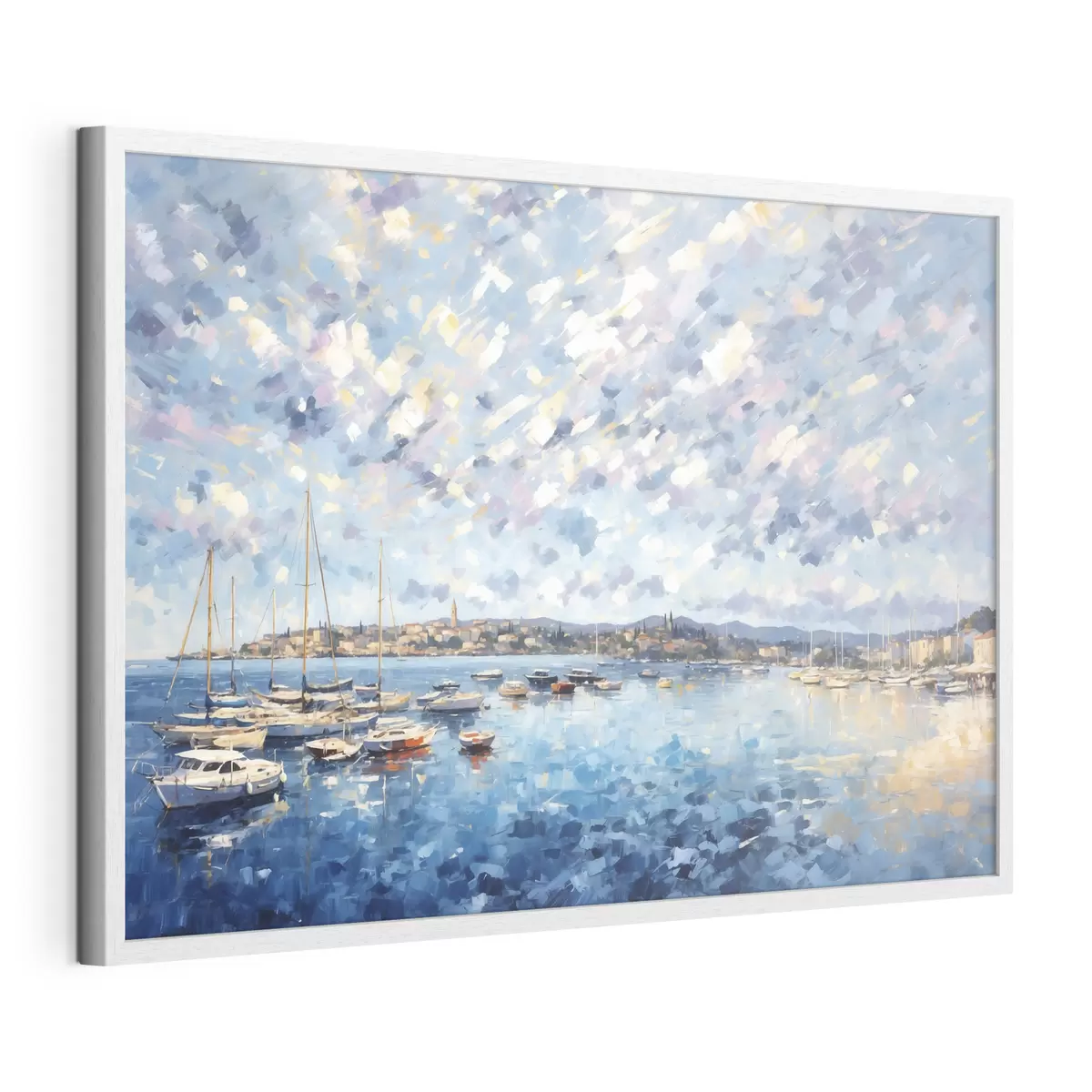 Poster Impressionistischer Hafen mit Booten und Stadt f48831