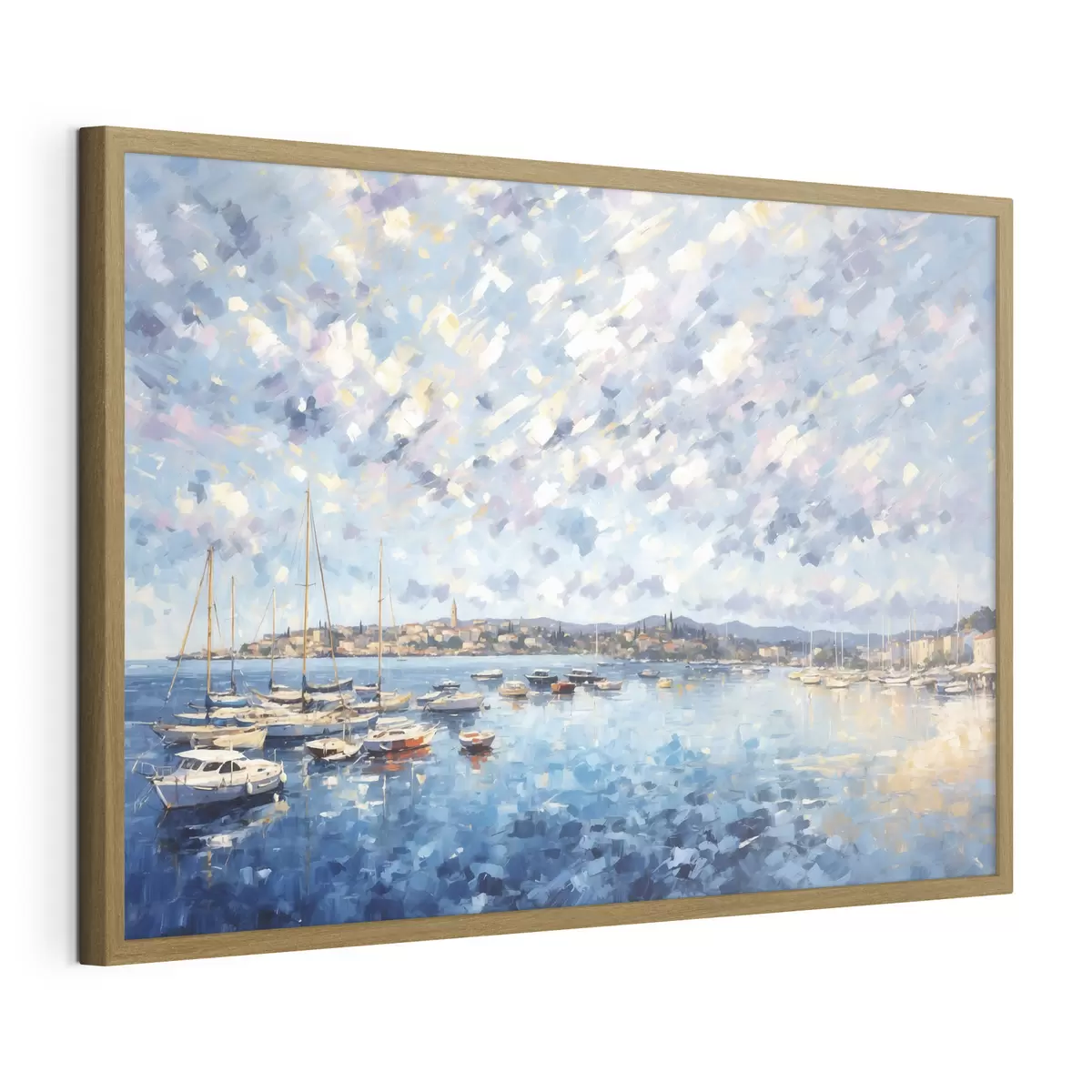 Poster Impressionistischer Hafen mit Booten und Stadt f48831