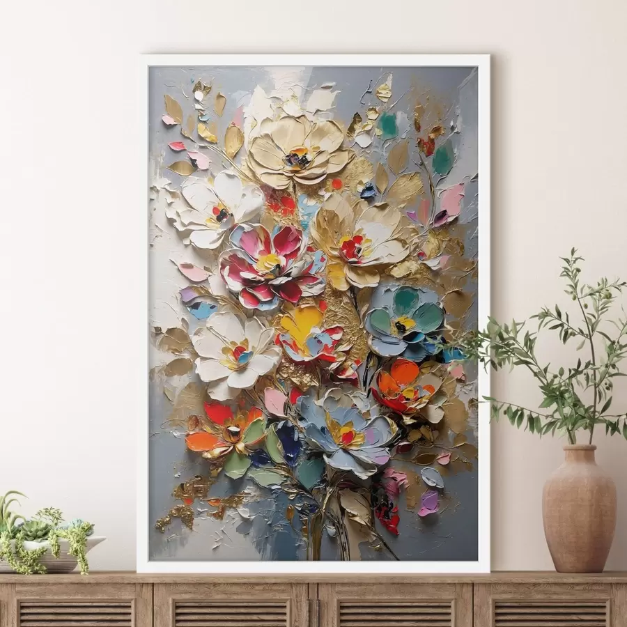 Fototapete Blumenarrangement im Impasto-Stil mit strukturierten Blütenblättern f48832