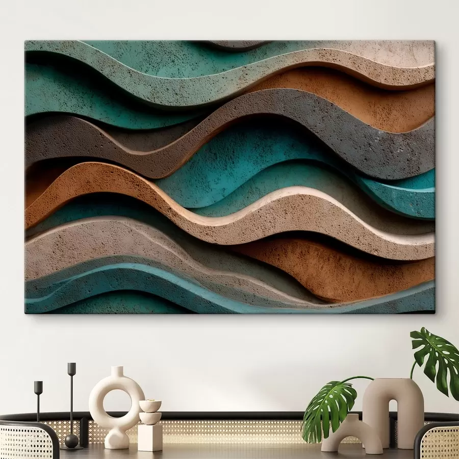 Fototapete Abstrakte, wellenförmige Schichten in Blaugrün- und Terrakottatönen s48797