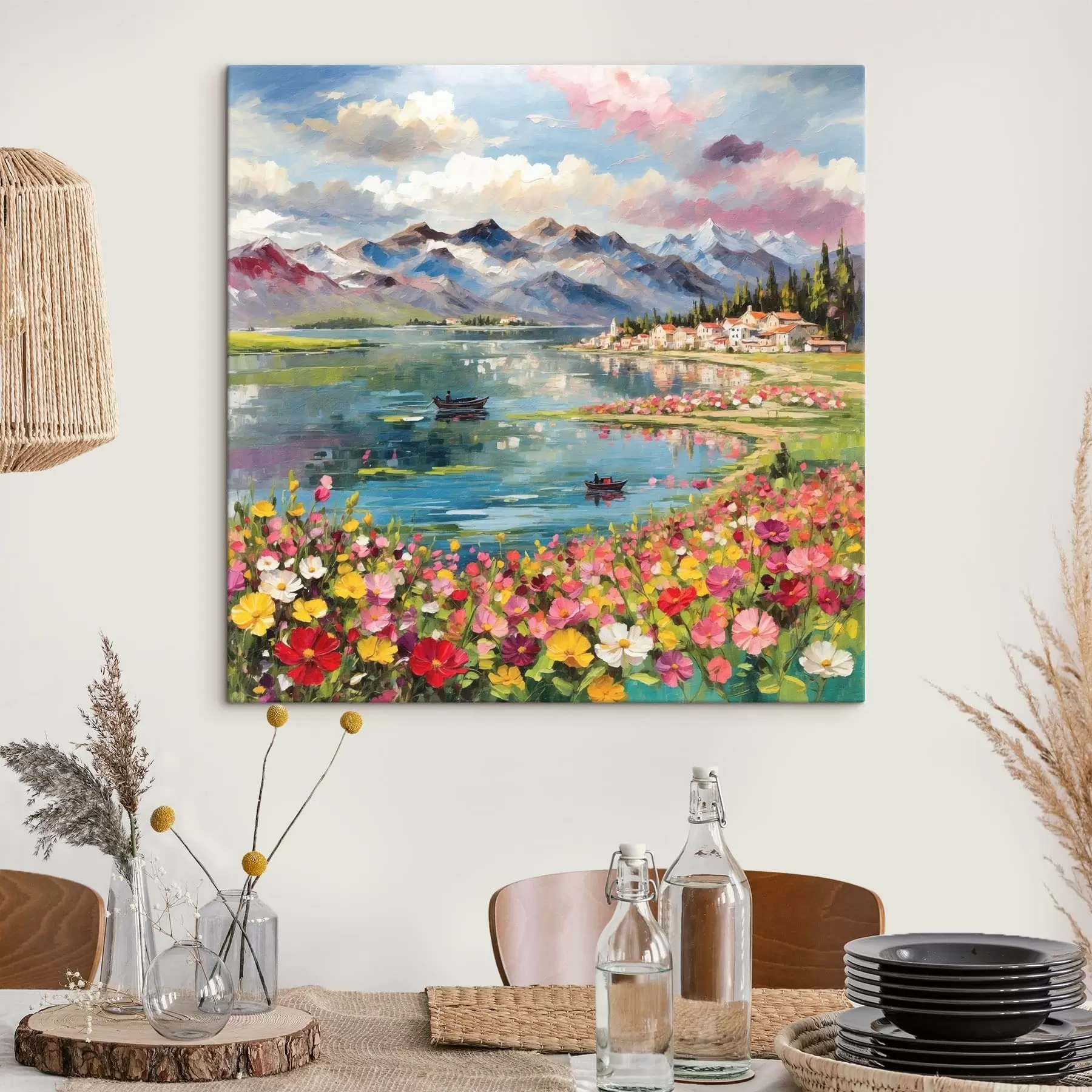 Fototapete Impressionistischer Bergsee mit Booten und Blumen s48806