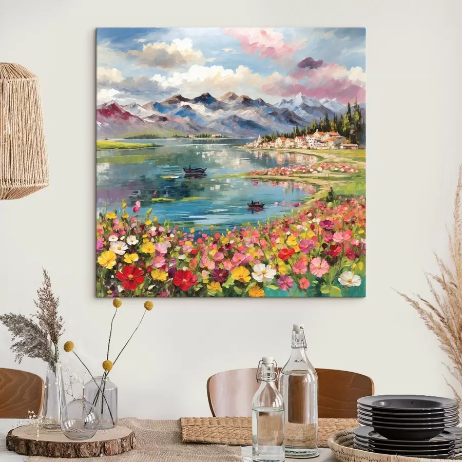 Fototapete Impressionistischer Bergsee mit Booten und Blumen s48806