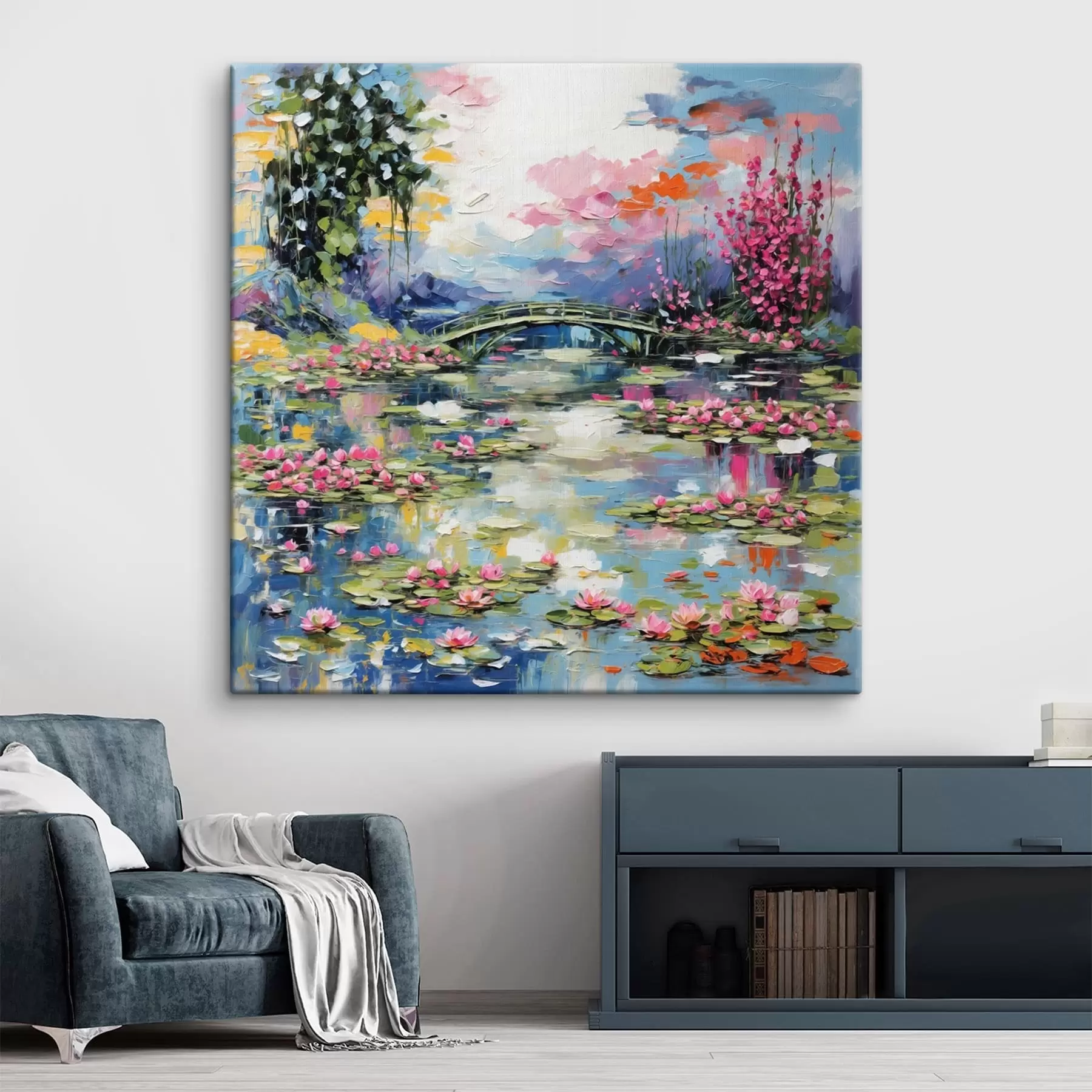 Fototapete Impressionistische Brücke über einen Teich mit Seerosen und Blumen s48807