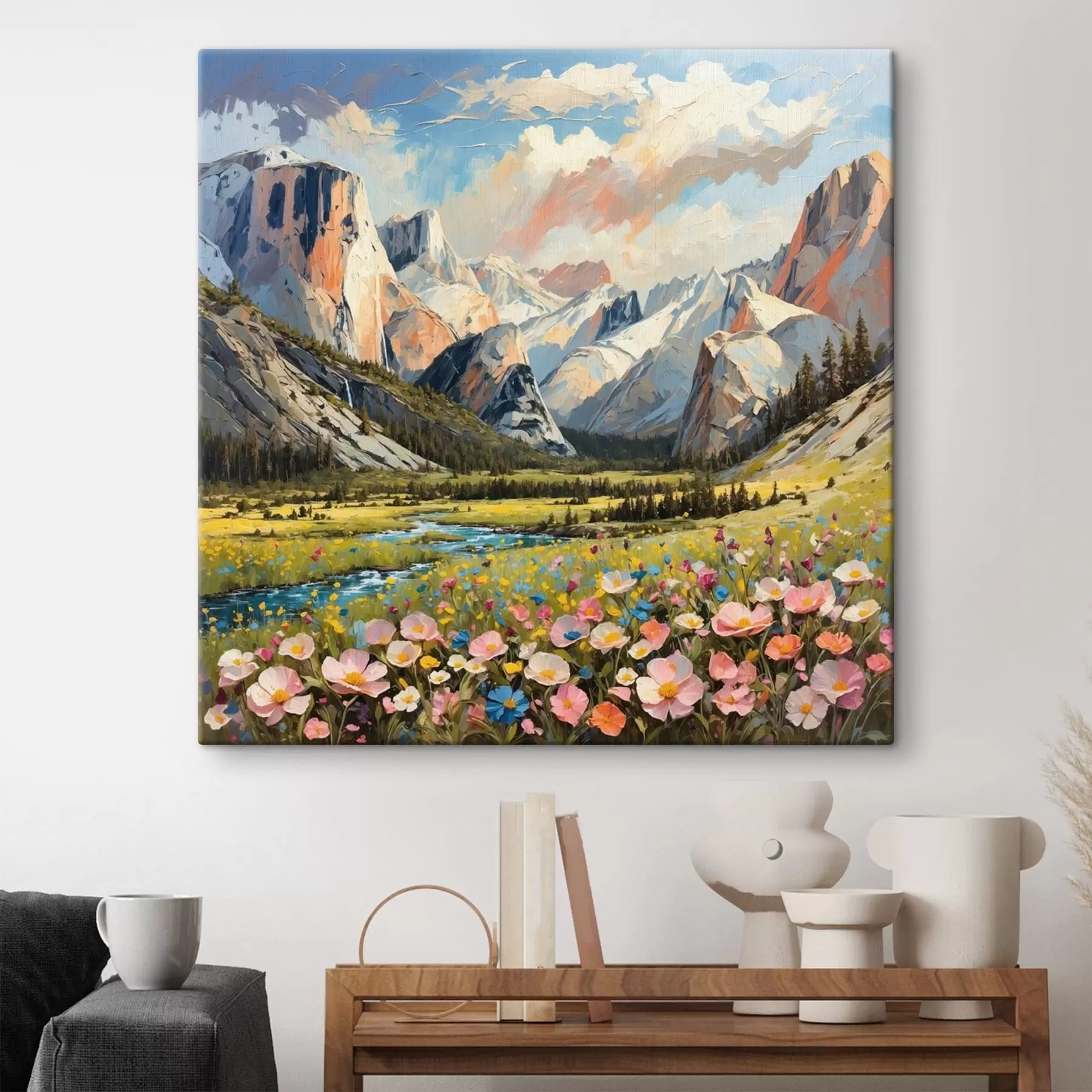 Fototapete Impressionistisches Bergtal mit Fluss und Blumen s48812