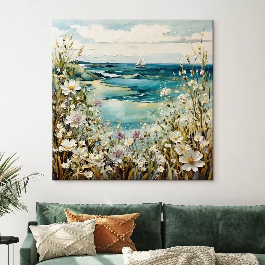 Fototapete Impressionistisches Küstenbild mit Segelboot und Blumen s48813