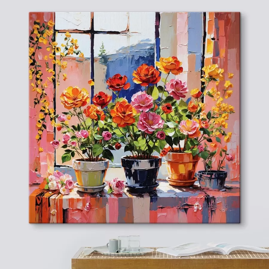 Fototapete Impressionistische Topfblumen auf einer Fensterbank s48816