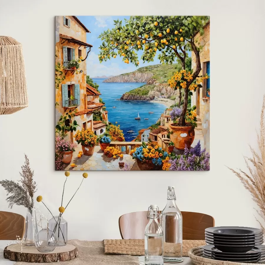 Fototapete Impressionistisches Küstendorf mit Zitronenbaum s48818