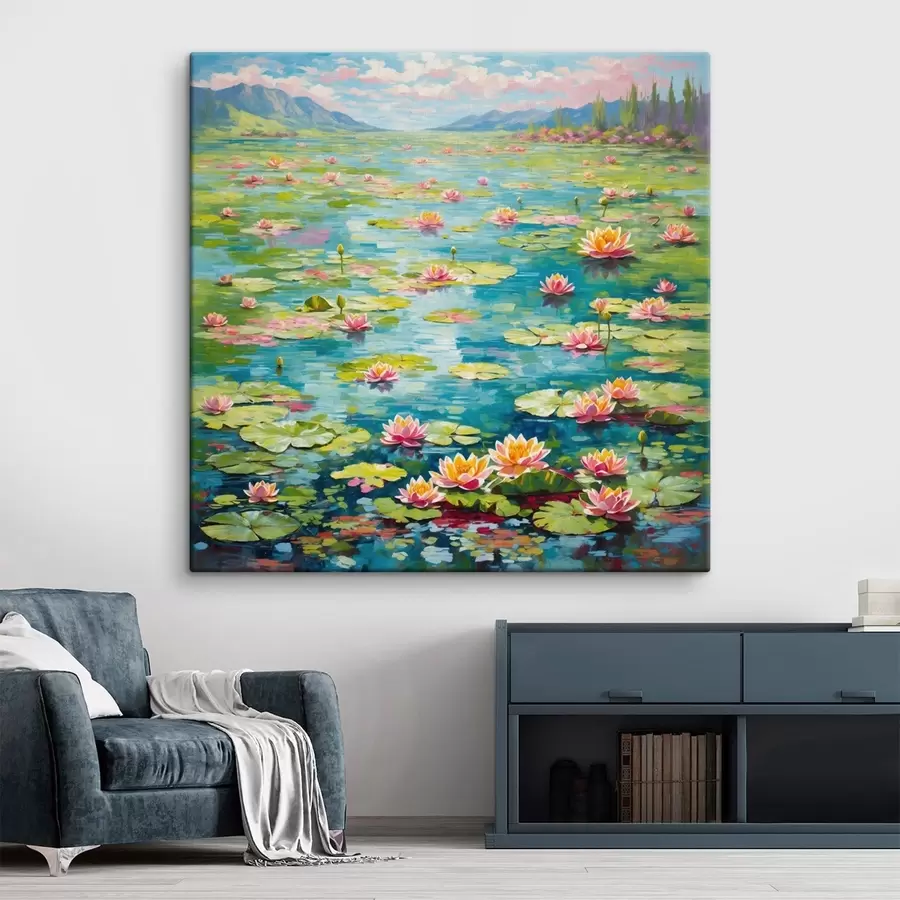 Fototapete Impressionismus: Seerosenteich mit Bergen im Hintergrund s48820