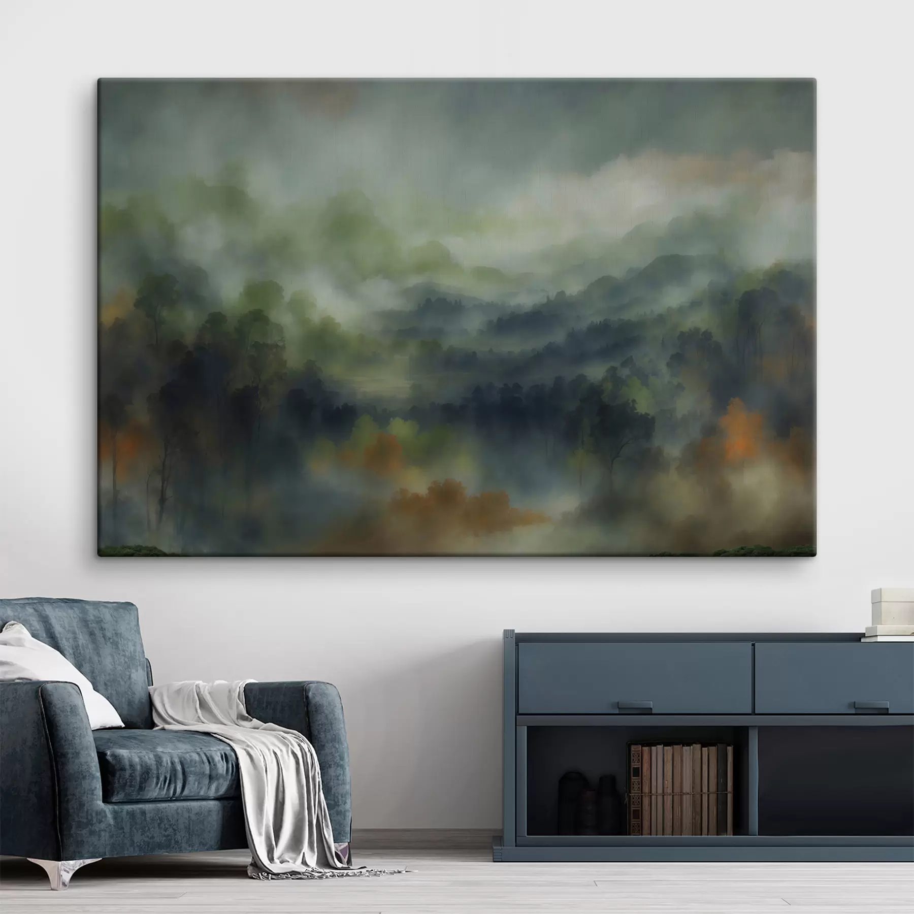 Fototapete Stimmungsvolle, neblige Waldlandschaft in Grüntönen s48821