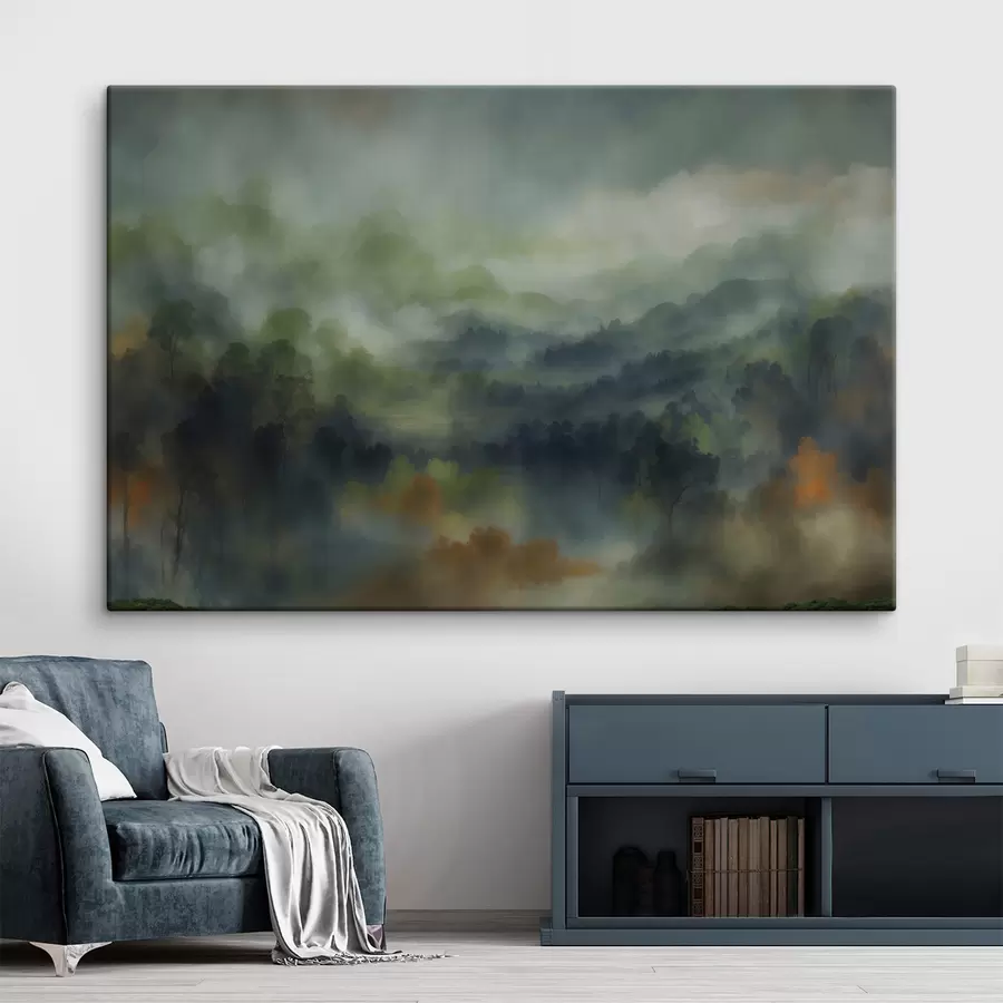 Fototapete Stimmungsvolle, neblige Waldlandschaft in Grüntönen s48821