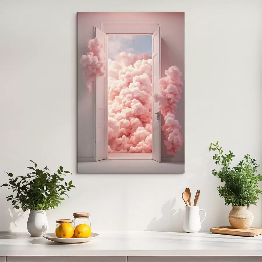 Fototapete Surrealistische Tür mit rosa Wolken im Inneren s48823