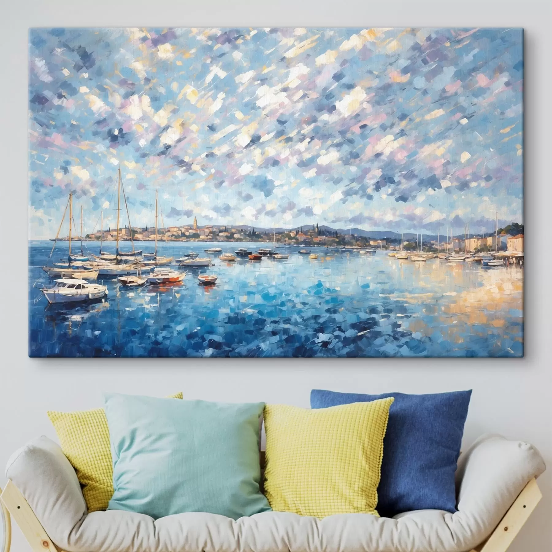 Fototapete Impressionistischer Hafen mit Booten und Stadt s48831