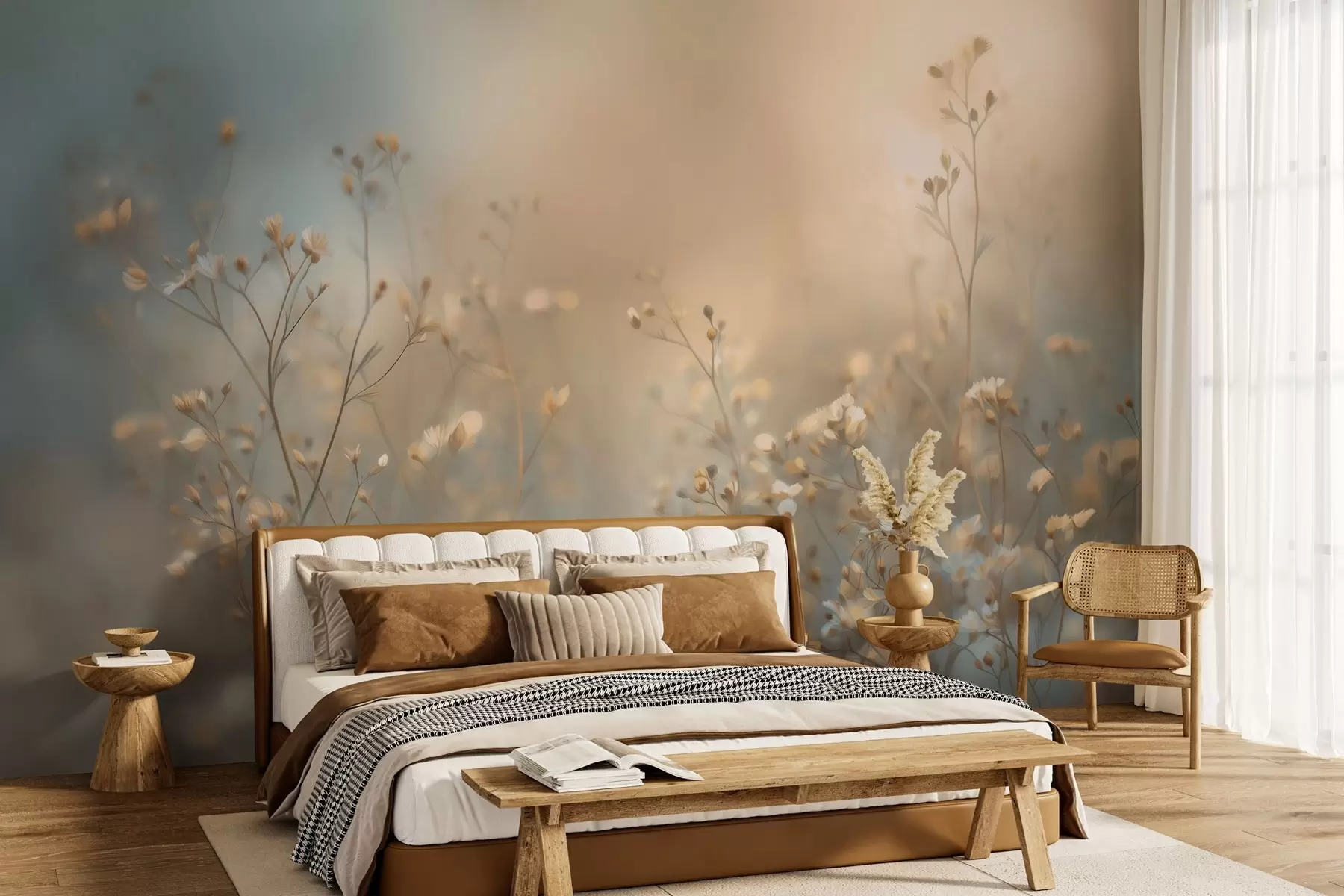 Fototapete Wiesengräser mit kleinen Blüten vor einer geringen Schärfentiefe w05386