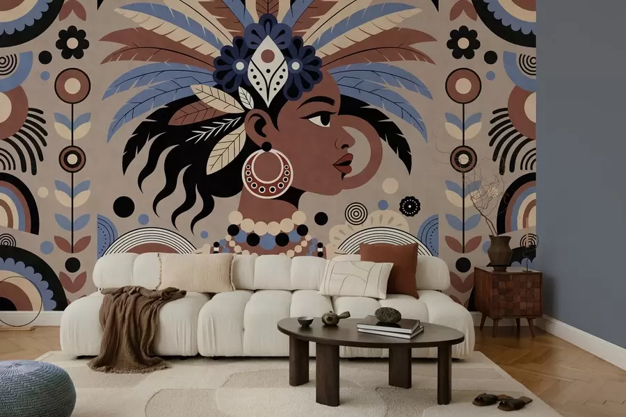 Fototapete ein stilvolles, afrikanisch inspiriertes Design in Blau- und Schokoladentönen w05389