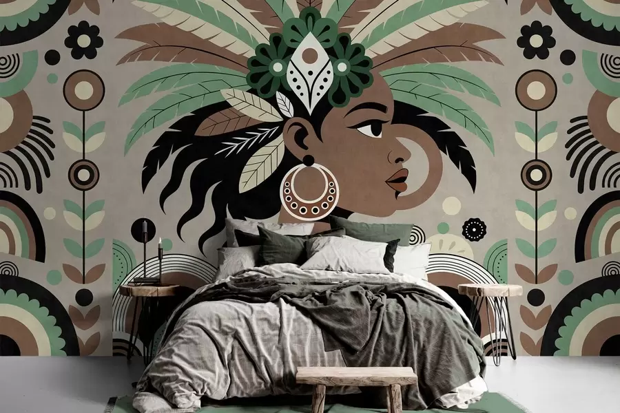 Fototapete ein stilvolles, afrikanisch inspiriertes Design in Grün-, Braun- und Beigetönen w05389v1