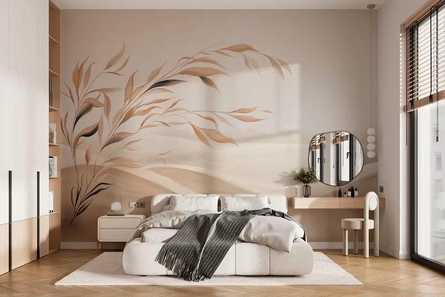 Fototapete Eine sanfte Landschaft mit einem Ast über Hügeln in hellbeigen Farbtönen w05297