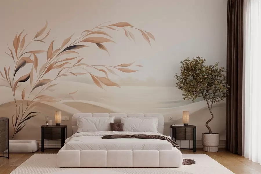 Fototapete Eine sanfte Landschaft mit einem Ast über Hügeln in hellbeigen Farbtönen w05297