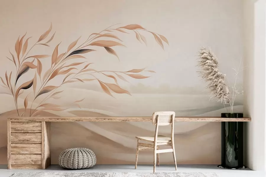 Fototapete Eine sanfte Landschaft mit einem Ast über Hügeln in hellbeigen Farbtönen w05297