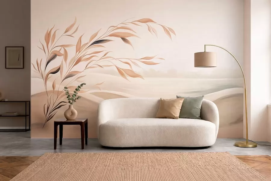 Fototapete Eine sanfte Landschaft mit einem Ast über Hügeln in hellbeigen Farbtönen w05297