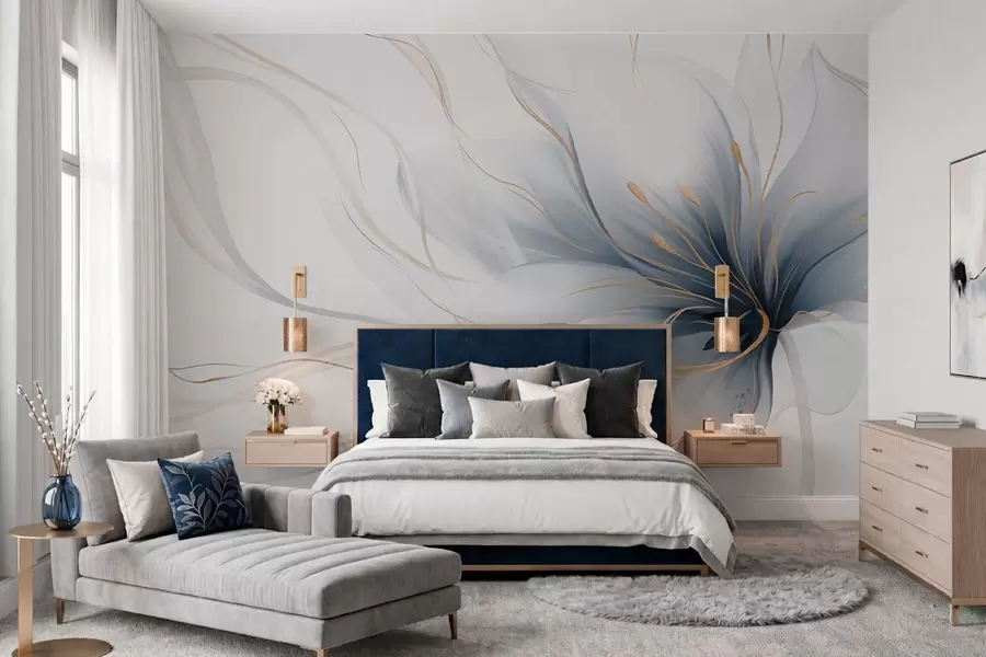 Fototapete Eine abstrakte blaue Blume mit fließenden Linien im Fluid-Art-Stil w05428