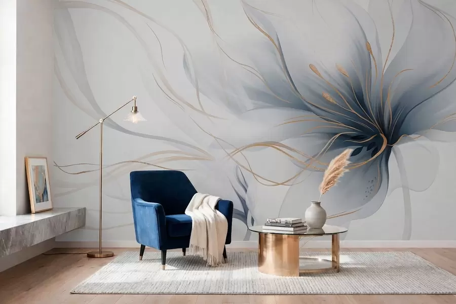 Fototapete Eine abstrakte blaue Blume mit fließenden Linien im Fluid-Art-Stil w05428