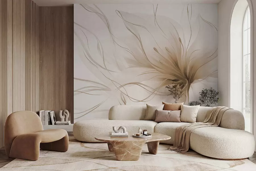 Fototapete Eine abstrakte beigefarbene Blume mit fließenden Linien im Fluid-Art-Stil w05428v2