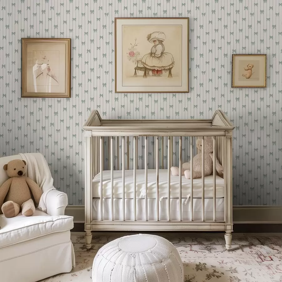 Fototapete Kleine grüne Schleifen in Streifen auf beigem Hintergrund a01076v2